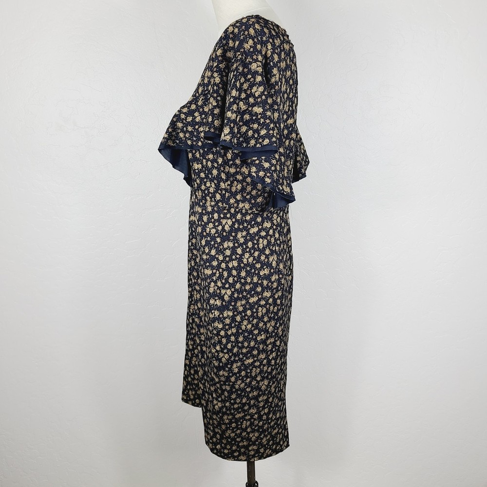 Tracy Reese Anthropologie Dress 12 Black Brown Floral Ruffle-Sleeve Straight - Picture 3 of 6